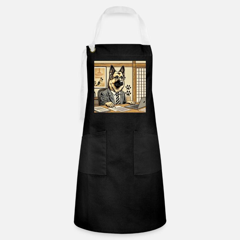 German Shepherd at the Desk - Ukiyo-e Style - Artisan Apron - black/white