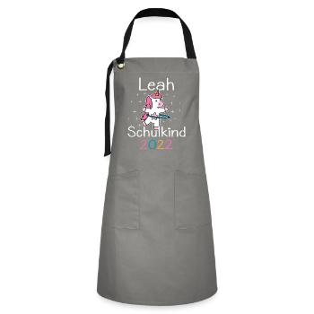 Einschulung 2022 Leah Einhorn Erstklässler 2022 - Kontrastschürze - Grau/Schwarz - Vorne - Zoe (177cm)