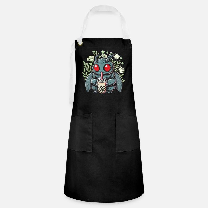 Funny Mothman with Bubble Tea - Artisan Apron - black/white