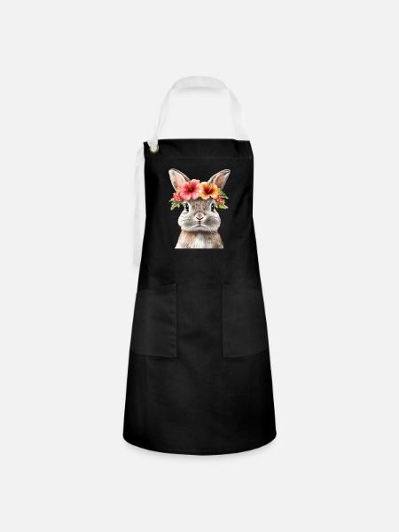 Kaninchen mit Blütenkranz - Kontrastschürze - Schwarz/Weiß