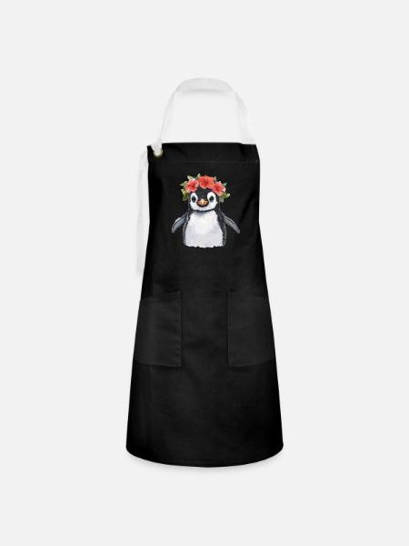 Pinguin mit Blütenkranz - Kontrastschürze - Schwarz/Weiß