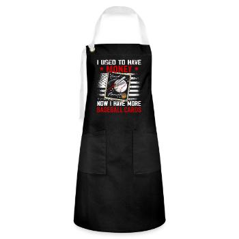 "I used to have money" Sports card collector - Artisan Apron - black/white - Front - Zoe (177cm)