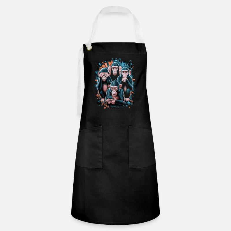 Wise Monkey With Mobile Phone Funny Multi Media Design - Artisan Apron - black/white