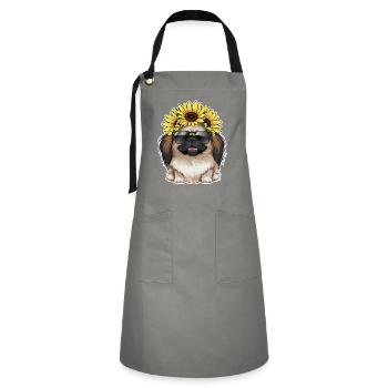 Sommerliches Sonnenblumenmotiv mit süßem Pekinese. - Kontrastschürze - Grau/Schwarz - Vorne - Zoe (177cm)