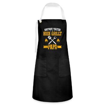 Hier grillt Papa Grillen Grillparty Grill Geschenk - Kontrastschürze - Schwarz/Weiß - Vorne - Zoe (177cm)