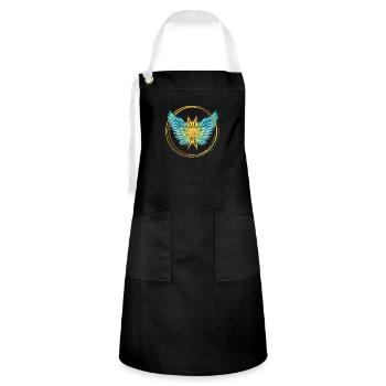 Sign of Light, Wings, Sun, SSL, Gold Rings - Artisan Apron - black/white - Front - Zoe (177cm)