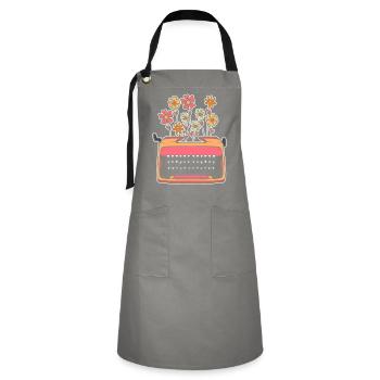 Blumen Vintage Schreibmaschine Erzähler - Kontrastschürze - Grau/Schwarz - Vorne - Zoe (177cm)