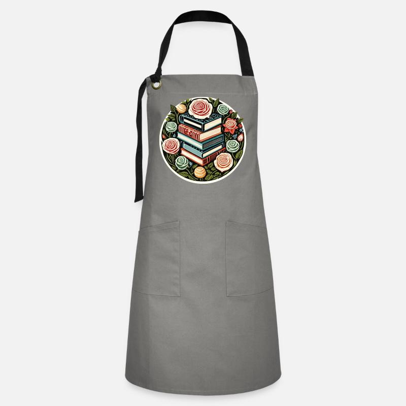 Floral Book Stack Emblem - Artisan Apron - grey/black