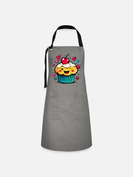Kawaii Cupcake mit Kirschgesicht - Kontrastschürze - Grau/Schwarz