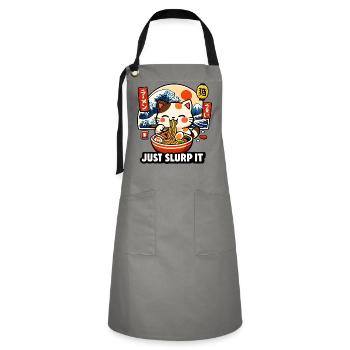 Kawaii Ramen Katze: Just Slurp It - Kontrastschürze - Grau/Schwarz - Vorne - Zoe (177cm)