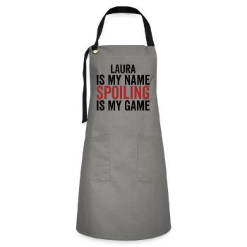 Laura ist mein Name Verderben ist mein Spiel - Kontrastschürze - Grau/Schwarz - Vorne - Zoe (177cm)