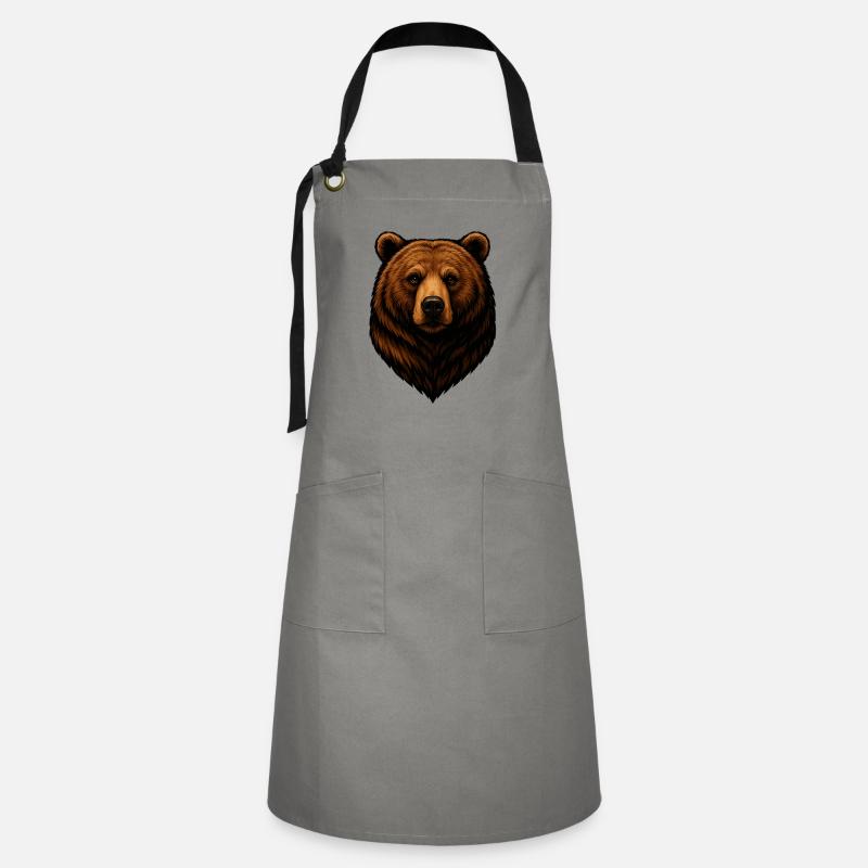 Forest Bear Head Illustration in Brown - Artisan Apron - grey/black