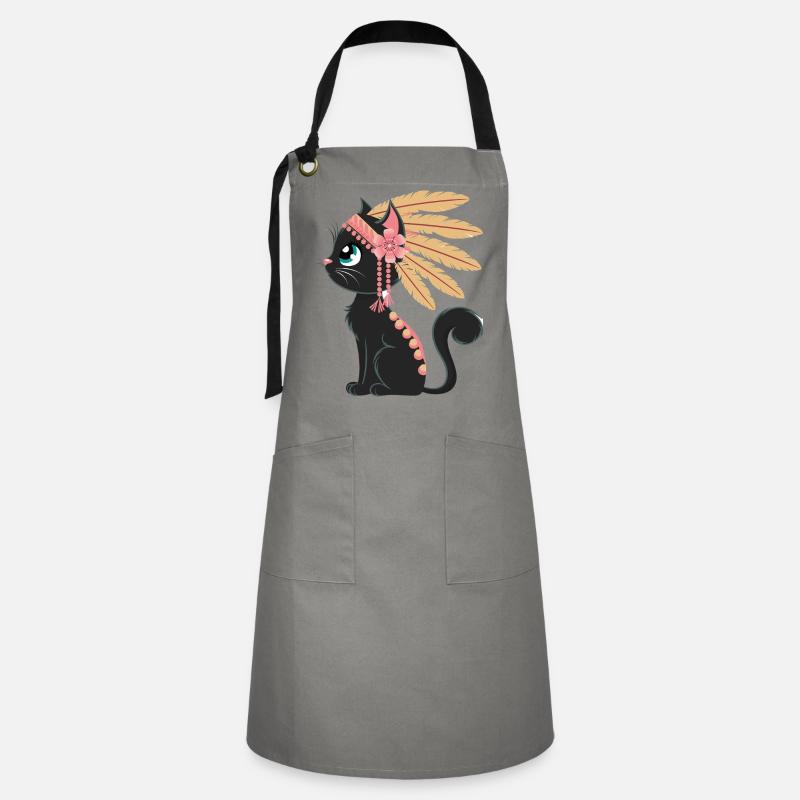 Boho Feder Katze - Kontrastschürze - Grau/Schwarz