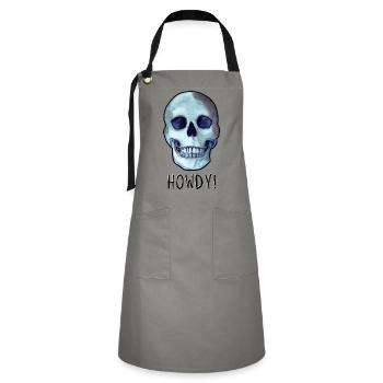 Skull sagt HOWDY! lustiger schwarzer Humor - Kontrastschürze - Grau/Schwarz - Vorne - Zoe (177cm)