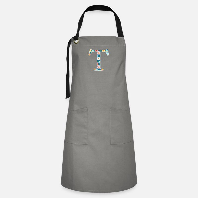 Customizable Monogram T Floral Pattern - Artisan Apron - grey/black