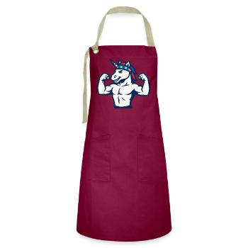 Patriotic Unicorn Gym Mascot Power Flex - Artisan Apron - burgundy / desert sand - Front - Zoe (177cm)