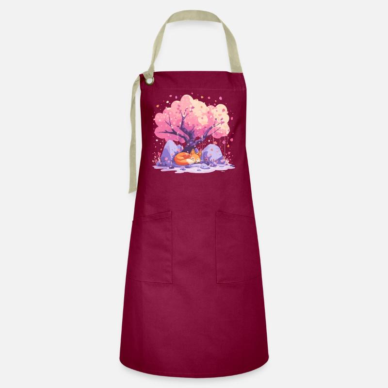 Sleeping fox under cherry tree - Artisan Apron - burgundy / desert sand