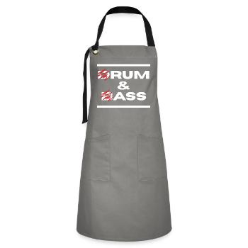 Drum & Bass / Rum & Ass (Weiße Buchstaben) - Kontrastschürze - Grau/Schwarz - Vorne - Zoe (177cm)