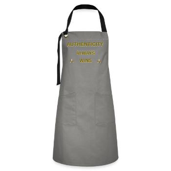 AUTHENTICITY ALWAYS WINS – Gold Motivational Quote - Artisan Apron - grey/black - Front - Zoe (177cm)
