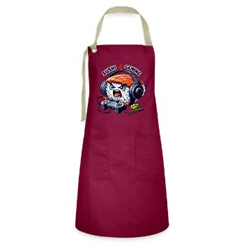 Sushi playing video games - Artisan Apron - burgundy / desert sand - Front - Zoe (177cm)