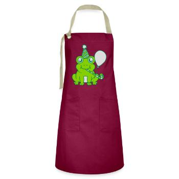 Birthday-celebrating little frog - Artisan Apron - burgundy / desert sand - Front - Zoe (177cm)