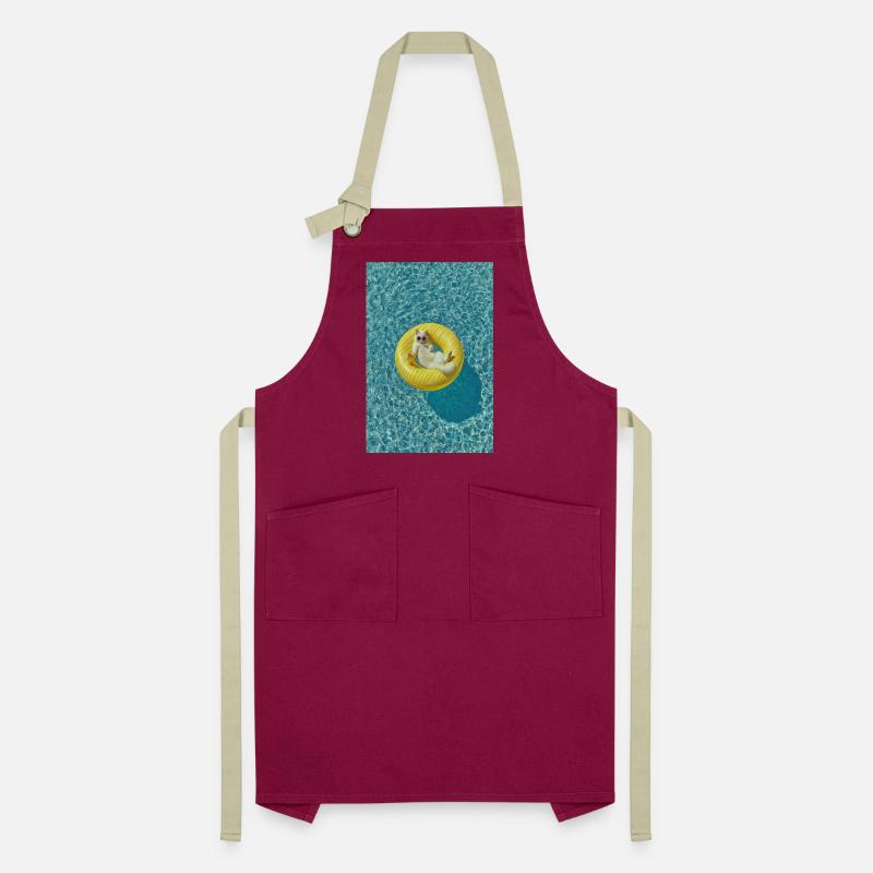 Sunlit Cat on Yellow Pool Float Artisan Apron