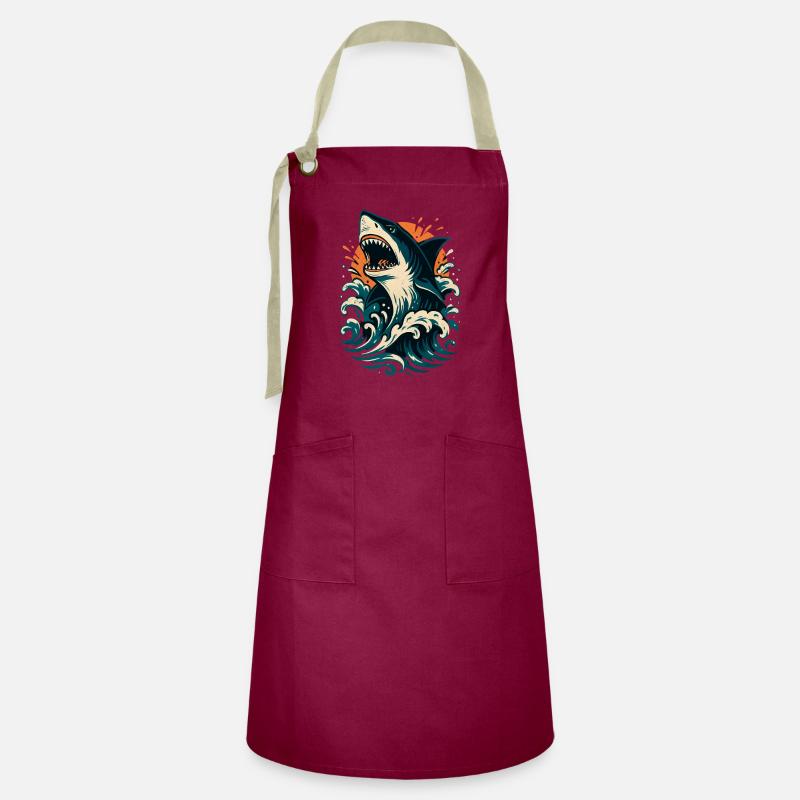 Shark roars through orange waves - Artisan Apron - burgundy / desert sand