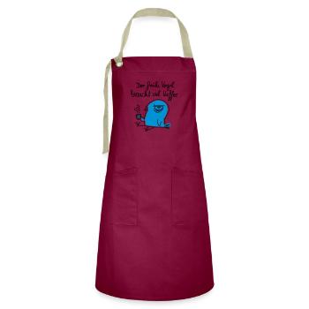 Der frühe Vogel braucht viel Kaffee - Kontrastschürze - Burgunderrot / Sandfarben - Vorne - Zoe (177cm)