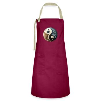 Abstraktes Yin Yang - Chinesisches Symbol - Gleichgewicht - Kontrastschürze - Burgunderrot / Sandfarben - Vorne - Zoe (177cm)