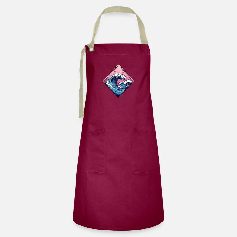 wave logo, diamond shape, ocean design - Artisan Apron - burgundy / desert sand