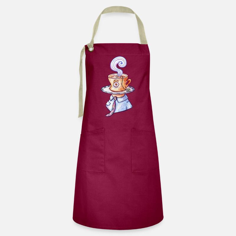 Surreal Tea Cup Man - Artisan Apron - burgundy / desert sand