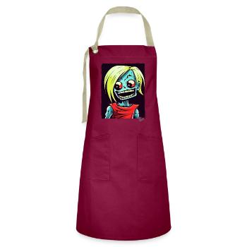 Cartoon Skull Zombie Spinner - Artisan Apron - burgundy / desert sand - Front - Zoe (177cm)