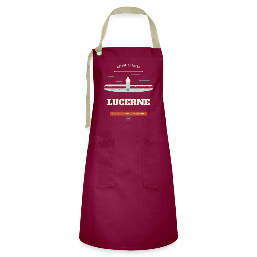Lucerne badge on a artisan apron, burgundy / desert sand
