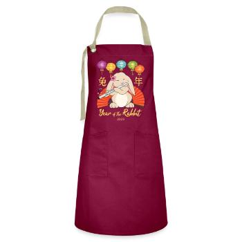Cute Flute Playing Rabbit Chinese New Year 2023 - Artisan Apron - burgundy / desert sand - Front - Zoe (177cm)