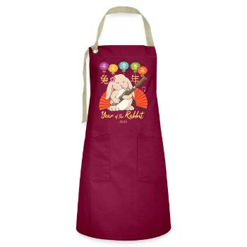 Bassoon Rabbit for Chinese New Year 2023 - Artisan Apron - burgundy / desert sand - Front - Zoe (177cm)