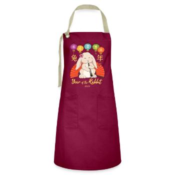 Oboe Rabbit for Chinese New Year of the Rabbit - Artisan Apron - burgundy / desert sand - Front - Zoe (177cm)