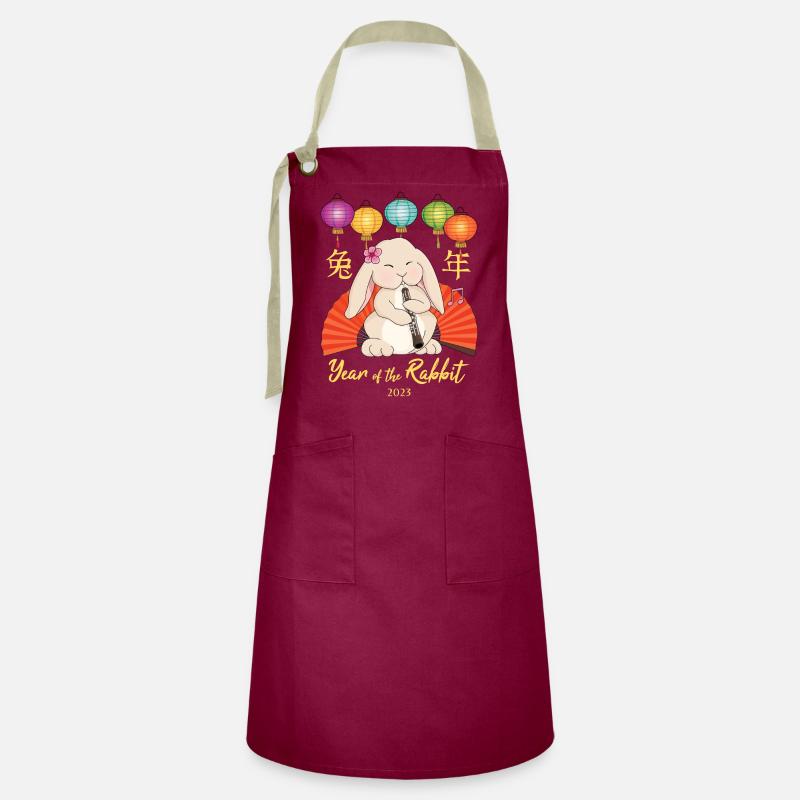 Oboe Rabbit for Chinese New Year of the Rabbit - Artisan Apron - burgundy / desert sand