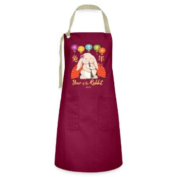Clarinet Chinese New Year Rabbit 2023 - Artisan Apron - burgundy / desert sand - Front - Zoe (177cm)