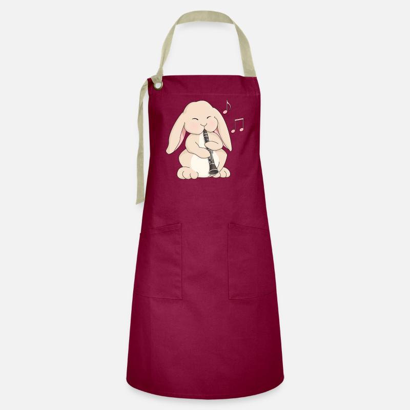 Cute Clarinet Playing Cartoon Rabbit - Artisan Apron - burgundy / desert sand