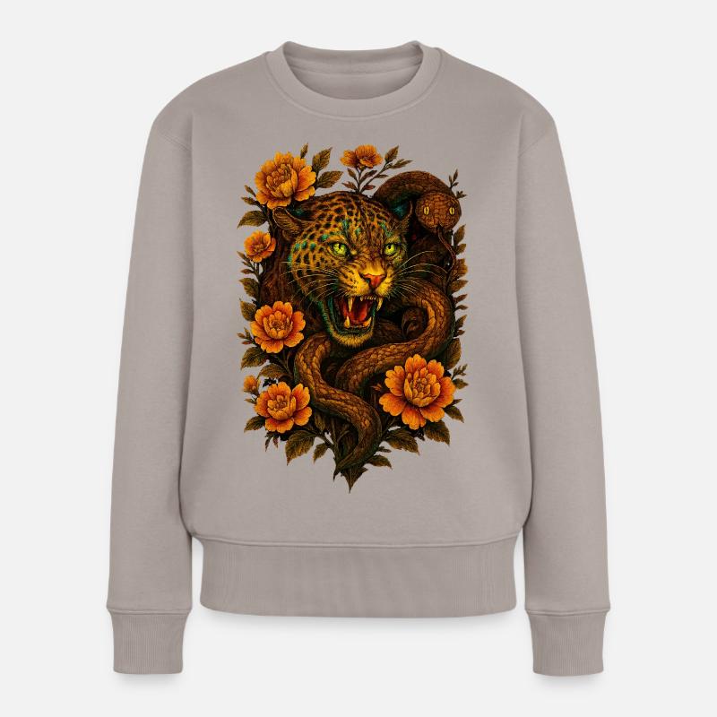 Fauchender Leopard & Schlange im Retro Design - Frauen Premium Bio Pullover - Taupe