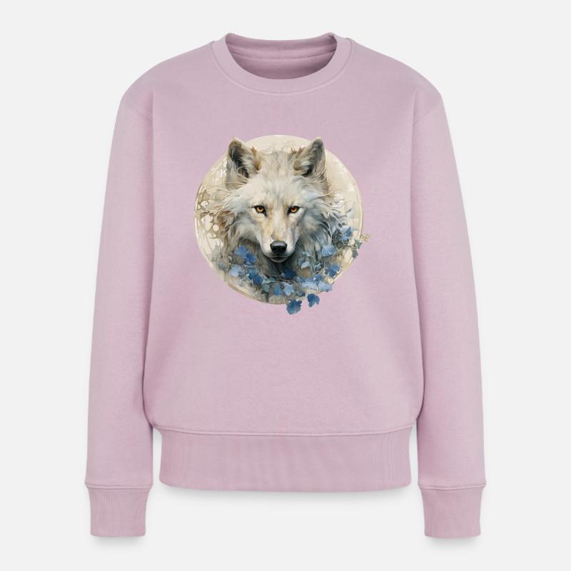 Weißer Wolf mit Art-déco-Blumen - Frauen Premium Bio Pullover - Altrosa