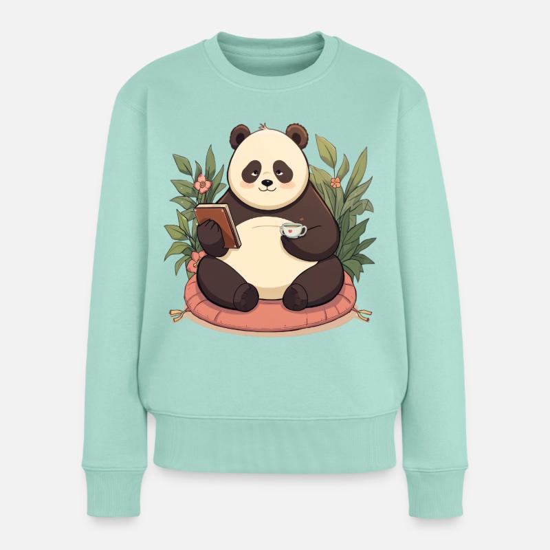 Panda reading with tea - Women's Premium Organic Jumper - mint 