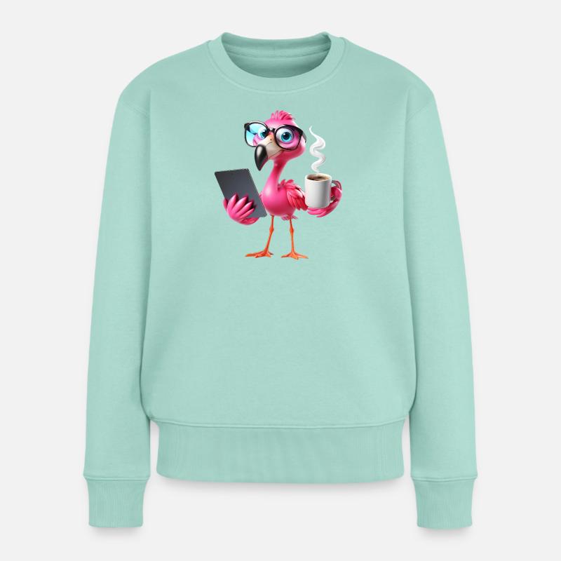 Flamingo im Büro mit Tablet & Kaffee - Frauen Premium Bio Pullover - Mint 