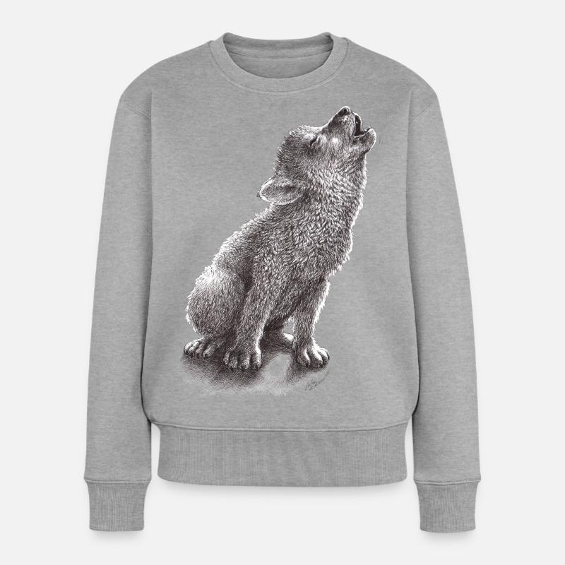 Junger heulender Wolf - Frauen Premium Bio Pullover - Grau meliert