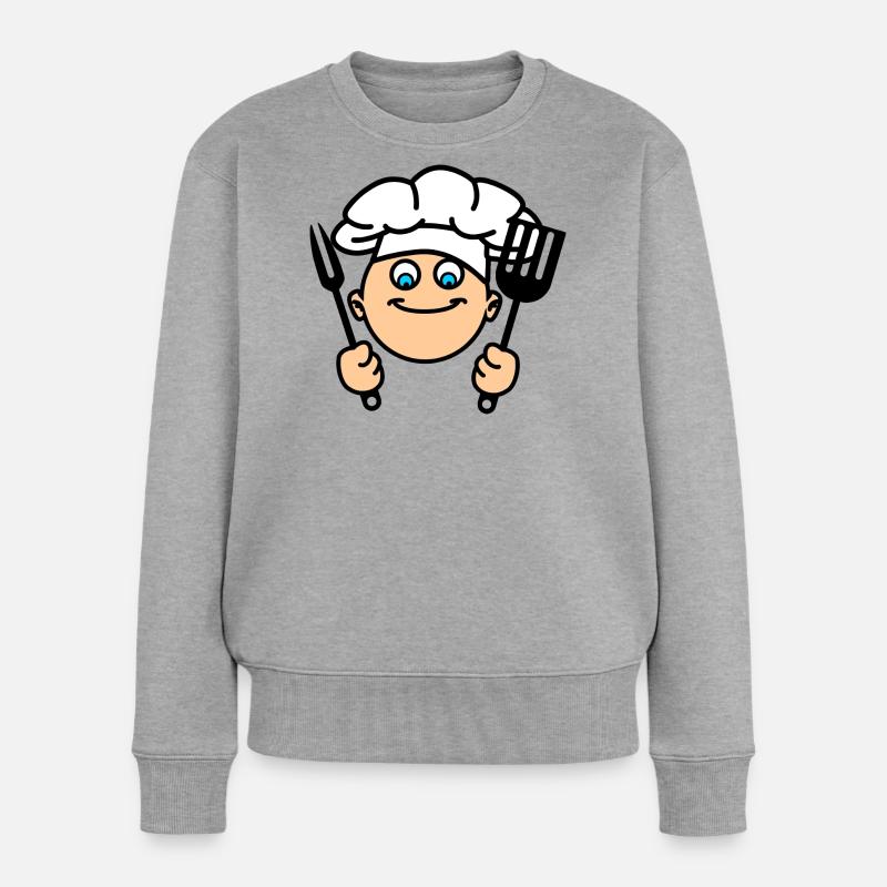 Cuisinier du BBQ avec ustensiles de cuisine et chapeau de chef - Pull Premium bio Femme - gris chiné