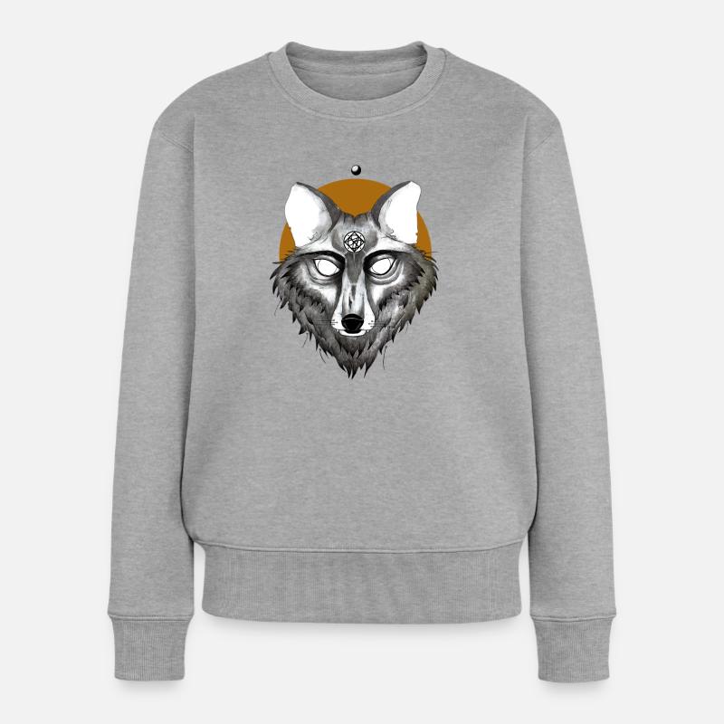 Mystischer Wolf mit Pentagramm Blick - Frauen Premium Bio Pullover - Grau meliert