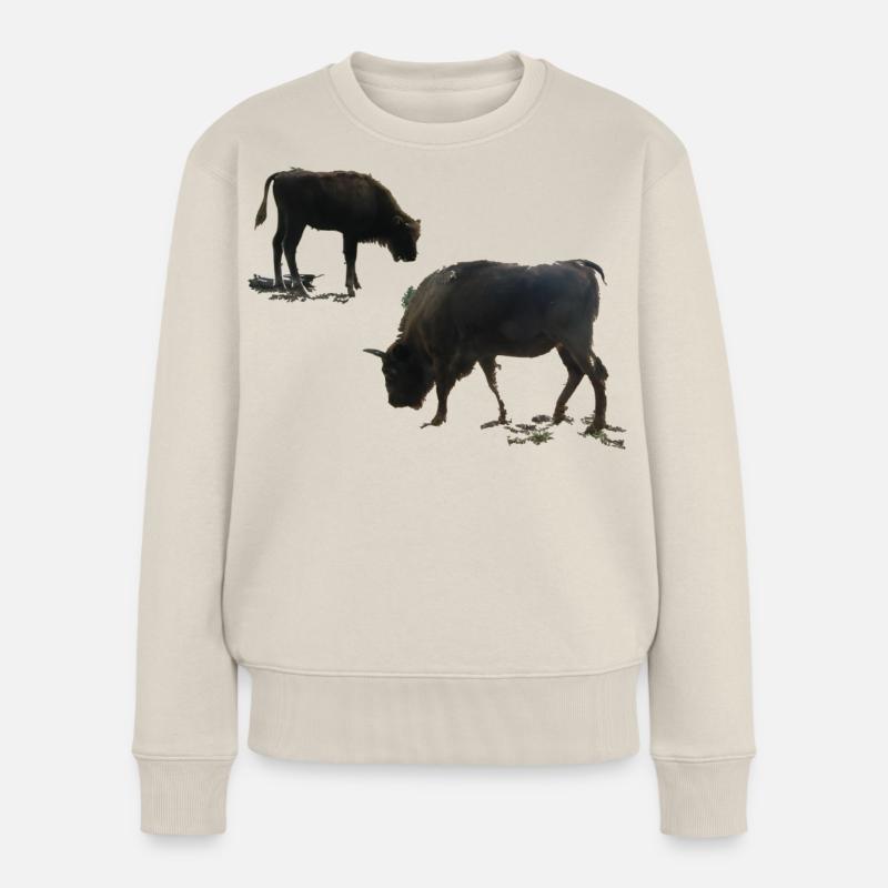 Wisent mit Jungtier - Frauen Premium Bio Pullover - Beige