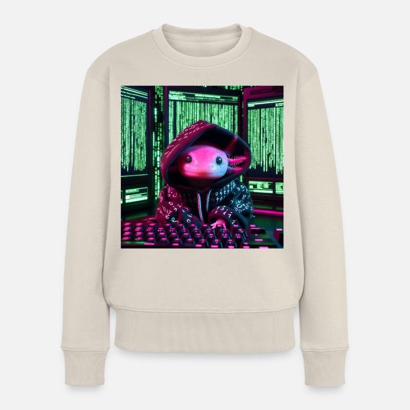 Cyber-Axolotl im digitalen Code-Look - Frauen Premium Bio Pullover - Beige