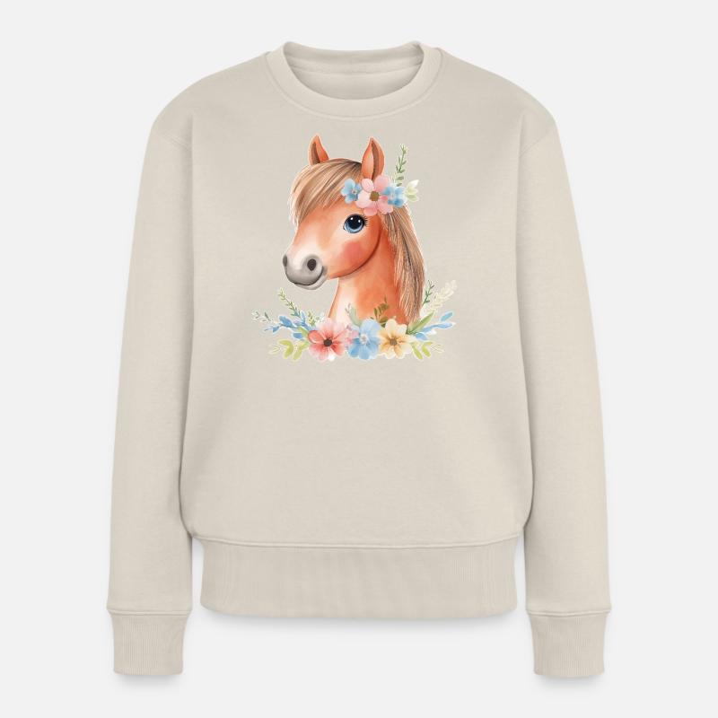 Süßes Pferd mit Blumen - Frauen Premium Bio Pullover - Beige