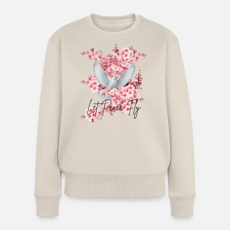 Friedens-Taube vor Kirschblüten - Frauen Premium Bio Pullover - Beige